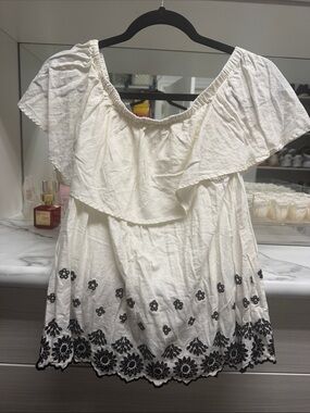Old Navy White Off-Shoulder Blouse with Black Floral Embroidery